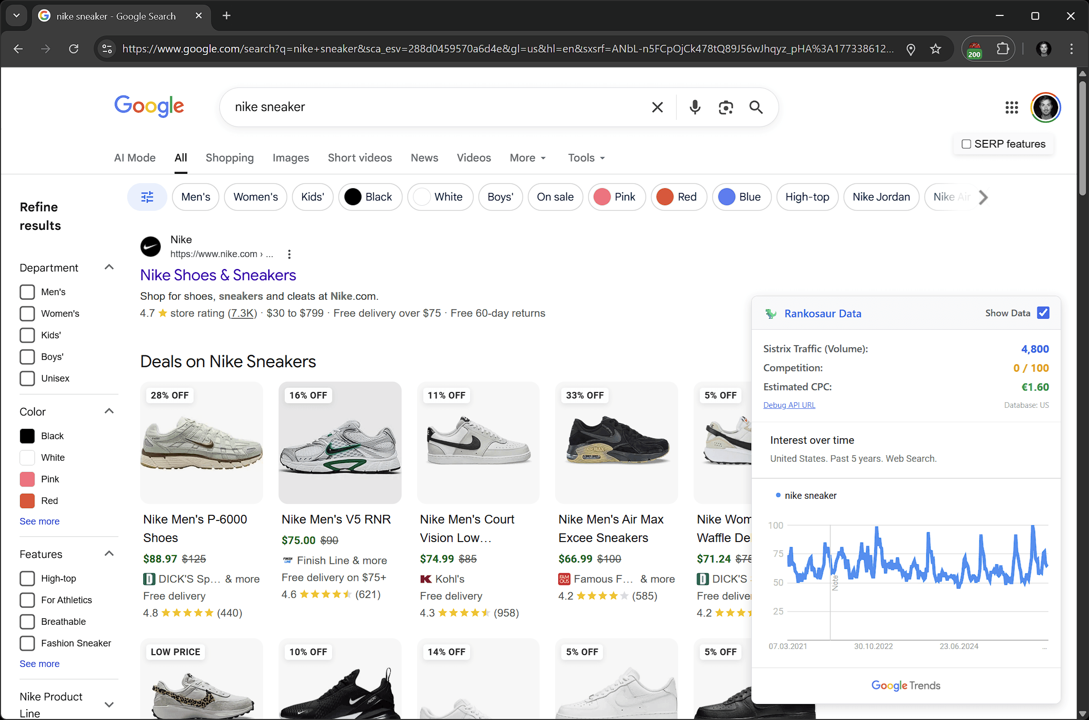 Rank-O-Saur Search Widget showing search volume and Google Trends